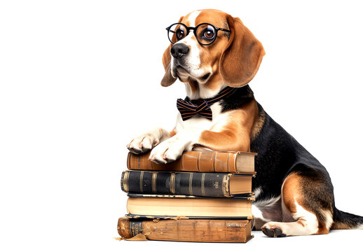 Beagle dog wearing glasses and a bow tie sitting on top of books isolated against a white background, in detailed, natural light, with sharp focus, in a high resolution photograph