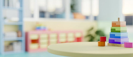 A round green table with colorful kid's toy in a colorful kid's playroom or kindergarten classroom. - obrazy, fototapety, plakaty