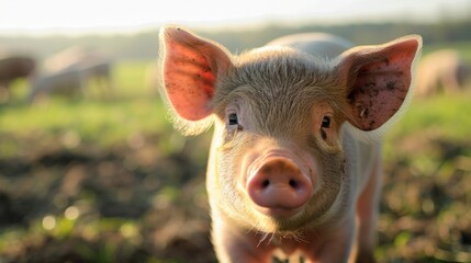Fototapeta premium Small Pig Standing on Lush Green Field