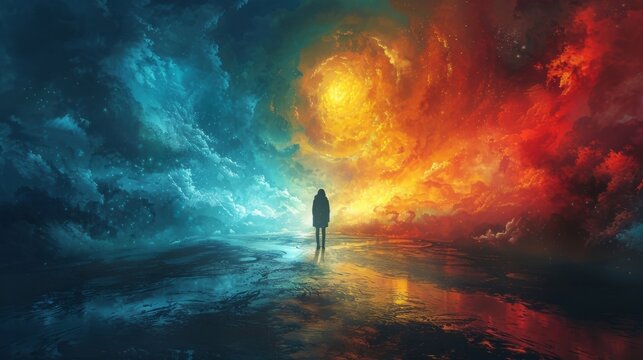 A person standing at a crossroads with two paths split before them one leading to suffering and one to enlightenment depicting the importance of choices in the karmic cycle.