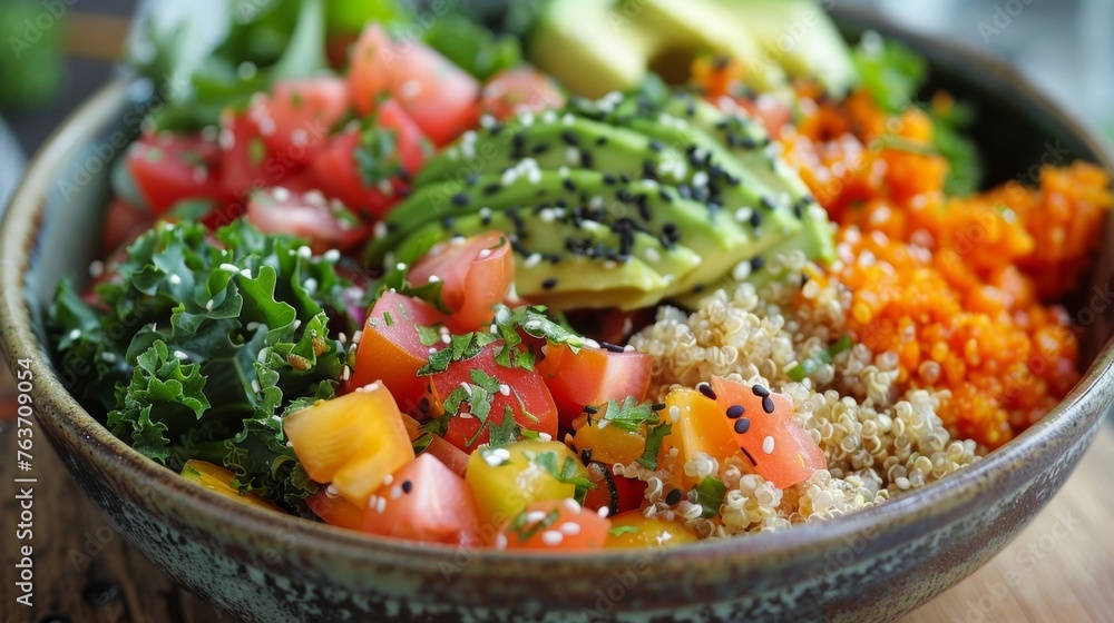 Poster a bowl overflowing with a variety of colorful salads each containing a unique combination of superfo