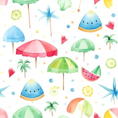 Seamless pattern of 
children's pattern on a white background, with watercolor elements, coconut tree, ball, float, parasol, popsicles, lemon, watermelon, soft colors