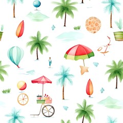 Fototapeta na wymiar Seamless pattern of children's pattern on a white background, with watercolor elements, coconut tree, ball, float, parasol, popsicles, lemon, watermelon, soft colors