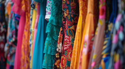 Close up portrait of floral design beautiful stylish frocks dresses hanging on a rack at clothing store