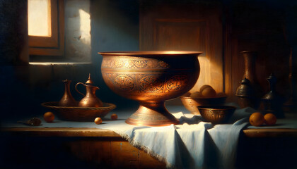 A tranquil scene from the early 1800s in Spain, depicted in oil on canvas. The focal point is a beautiful copper bowl, intricately adorned with native folk ornaments