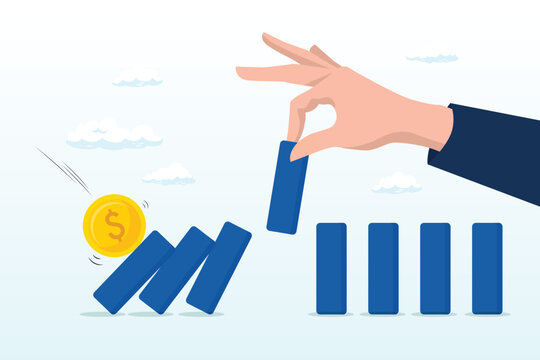 Businessman hand stop domino effect or financial chain reaction collapse, stop loss or effort to avoid market crash or banking collapse, economic recession, problem prevention, help or rescue (Vector)