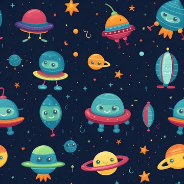 Seamless pattern of spaceships and stars and galaxies based on sci-fi movies