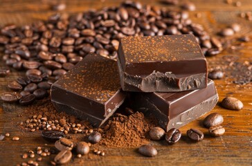 A bar of rich dark chocolate on a slate piece, with coffee beans scattered around and cocoa powder in a bowl, suggesting a delightful blend of flavors