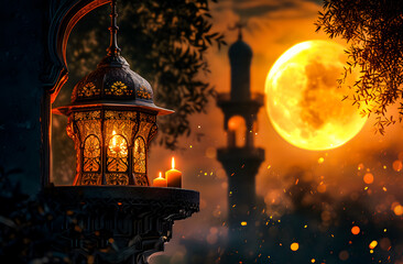 Islamic greeting Eid Mubarak cards for Muslim Holidays. Eid-Ul-Fitr festival celebration. Ramadan Kareem background. Crescent Moon and Lantern golden in sky