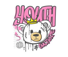 youth culture typography with bear doll graffiti art style vector illustration on white background, vector illustration for t shirt design, streetwear, or hoodie
