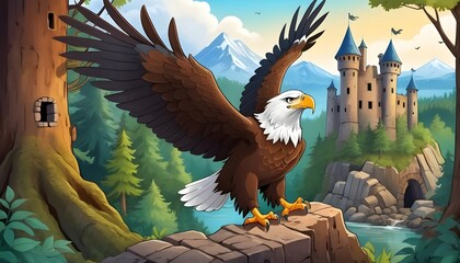 cartoon scene with beautiful eagle bird in the forest with hidden entrance to the old mine and castle kingdom in the background - illustration for children