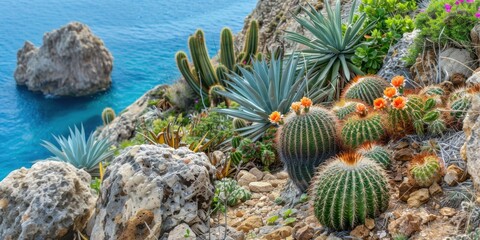 Close-up view of a diverse collection of cacti and succulents thriving on a rugged cliff edge with a stunning view of the ocean - Powered by Adobe