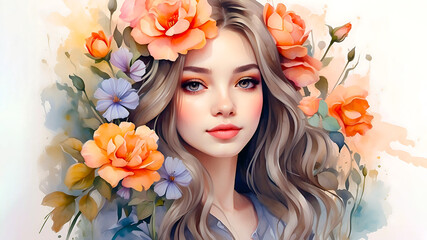 illustration of girl with floral design background 