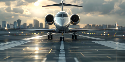 Plane at airport in sunset,Closeup view of private jet airplane parked at outside

 - obrazy, fototapety, plakaty