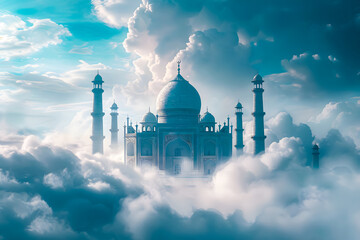 Islamic greeting Eid Mubarak cards with blue mosque in the sky with clouds, moon and stars. Ramadhan Kareem background and eid mubarak - obrazy, fototapety, plakaty