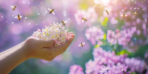 Childs hand holding a handful of white flowers with bees flying around in a bright sunny garden with a blurred background - obrazy, fototapety, plakaty