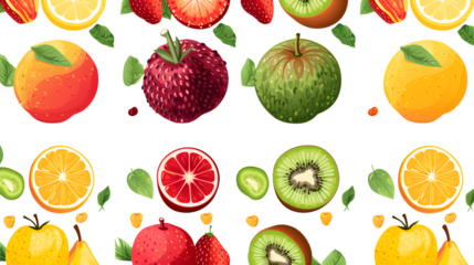 Seamless pattern of fruits elements on white and transparent background Set with hand drawn fruit doodles. Tropical pattern of  banana, apple, pear, peach, strawberry, lemon, cherry, and pomegranate.