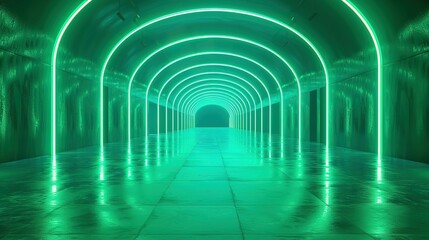 Neon light abstract background. Tunnel or corridor green neon glowing lights. Laser lines and LED technology create glow in dark room. Cyber club neon light stage room. Laser show