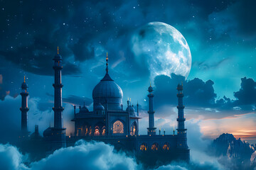 Islamic greeting Eid Mubarak cards with blue mosque in the sky with clouds, moon and stars. Ramadhan Kareem background and eid mubarak