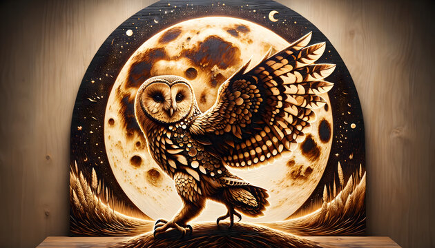 a rustic figurative artwork in pyrography style for you, showcasing an owl in a joyous celebration of the moon, its wings slightly spread in a dance-like gesture against a moonlit night sky