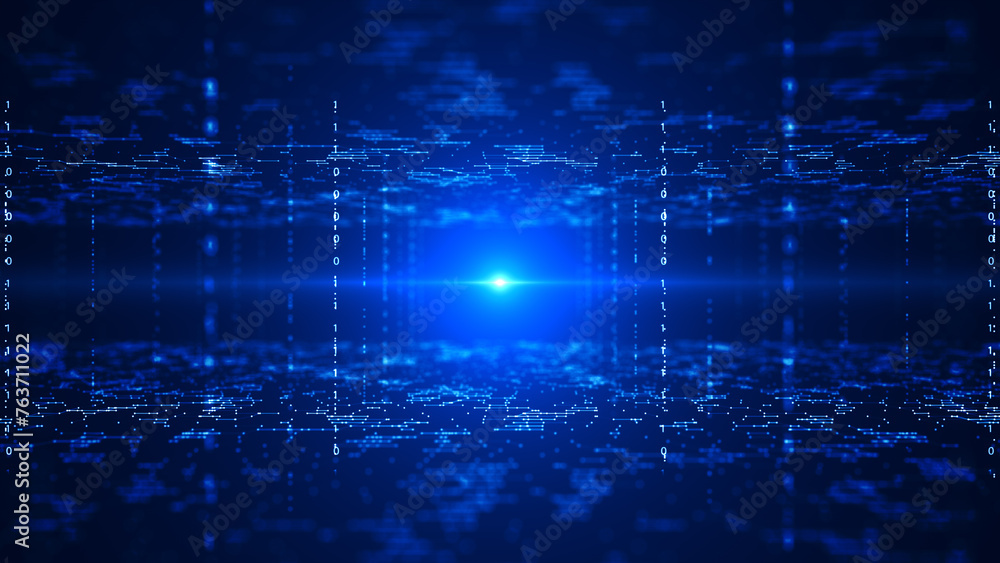 Poster Abstract technology big data with number one and zero background concept. Digital data flow line and dot blue color on dark background. 3D rendering.