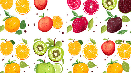 Seamless pattern of fruits elements on white and transparent background Set with hand drawn fruit doodles. Tropical pattern of  banana, apple, pear, peach, strawberry, lemon, cherry, and pomegranate. - obrazy, fototapety, plakaty