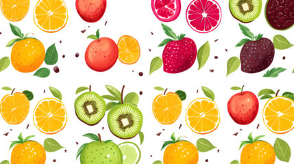 Seamless pattern of fruits elements on white and transparent background Set with hand drawn fruit doodles. Tropical pattern of  banana, apple, pear, peach, strawberry, lemon, cherry, and pomegranate.