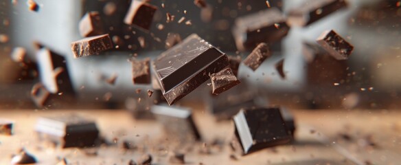 Pieces of dark chocolate bars are floating in the air with chocolate dust and chunks scattered around, against a beige background - obrazy, fototapety, plakaty
