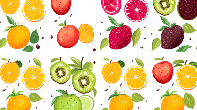 Seamless pattern of fruits elements on white and transparent background Set with hand drawn fruit doodles. Tropical pattern of banana, apple, pear, peach, strawberry, lemon, cherry, and pomegranate. - Powered by Adobe