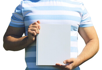 man holds a book with an empty cover, isolated, cut out of the background. mockup, copy space.