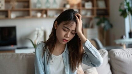 Dizzy Asian woman suffering from migraine pain and vertigo at home. - obrazy, fototapety, plakaty