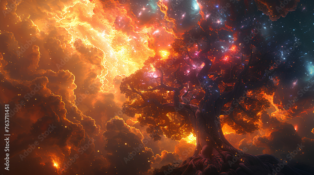 Wall mural huge trees of life blend with galaxies with generative ai