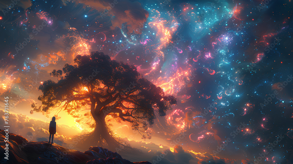Wall mural huge trees of life blend with galaxies with generative ai