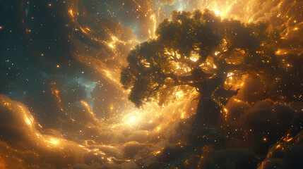 huge trees of life blend with galaxies with generative ai - obrazy, fototapety, plakaty