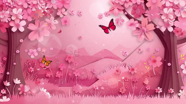 pink background with paper art of sakura tree and cherry blossom in spring. seamless looping overlay 4k virtual video animation background
