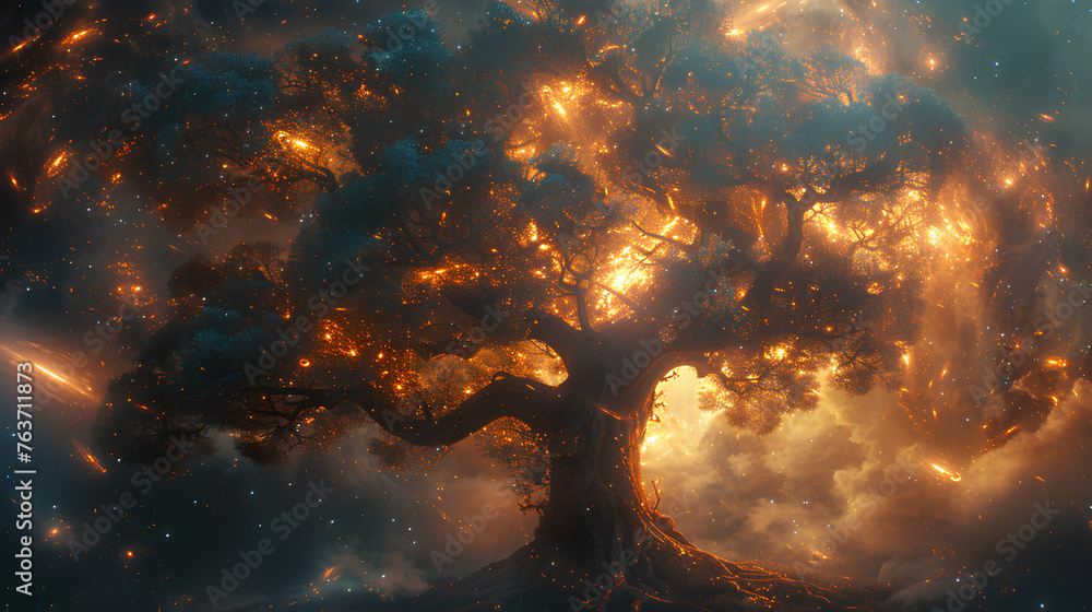 Wall mural huge trees of life blend with galaxies with generative ai