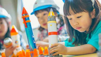 Asian young child engineers building rockets in the STEM classroom