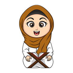Cartoon muslim girls reading Quran