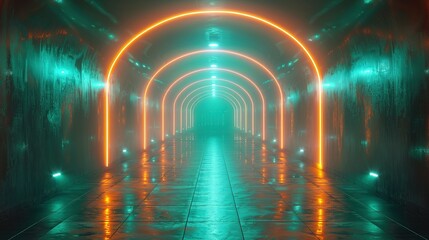 Neon light abstract background. Tunnel or corridor green neon glowing lights. Laser lines and LED technology create glow in dark room. Cyber club neon light stage room. Laser show