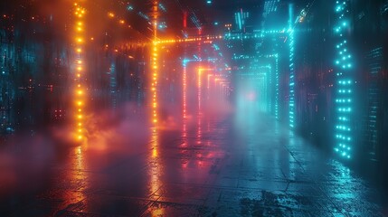 Fototapeta premium Neon light abstract background. Tunnel or corridor green neon glowing lights. Laser lines and LED technology create glow in dark room. Cyber club neon light stage room. Laser show
