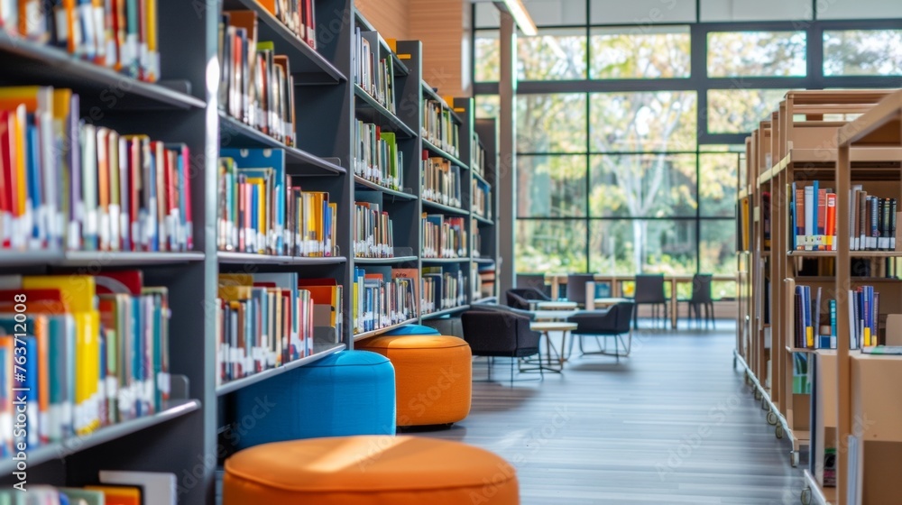 Aufkleber an upclose view of a stateoftheart library in a school with open concept shelving and modern seating