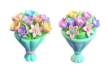 Set of 3d rainbow iridescent of bouquets flowers on transparent background. Bouquet for wedding day and gift for valentine day. Couple date