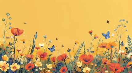 A charming illustration of summer wildflowers in bloom with playful butterflies against a warm yellow background.