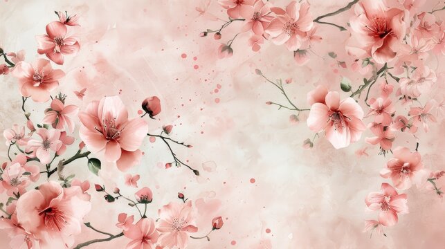 An artistic floral composition with elegant white and pink flowers set against a textured pink watercolor background.