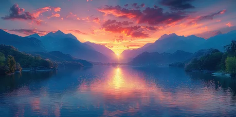 Foto op Plexiglas Sunset over the lake, Landscape of mountains. Created with Ai © Digital Canvas