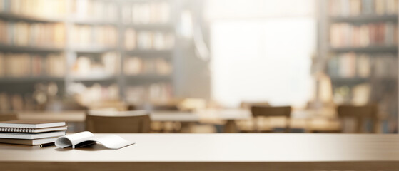 A presentation space and books on a wooden table with a blurred background of a vintage library.