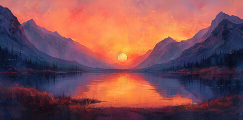 Sunset in the mountains, Beautiful view of mountain. Created with Ai