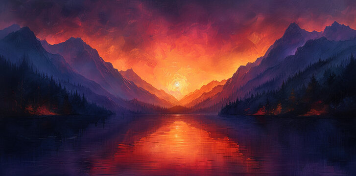 Sunset over the mountains. Created with Ai