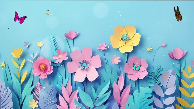 blue background with paper cut flowers. spring sale with paper cut flower in papercut style. seamless looping overlay 4k virtual video animation background
