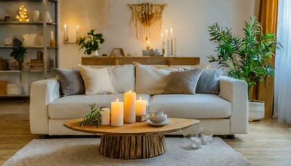Modern house interior details. Simple cozy beige living room interior with white sofa, decorative pillows, wooden table with candles and natural decoration